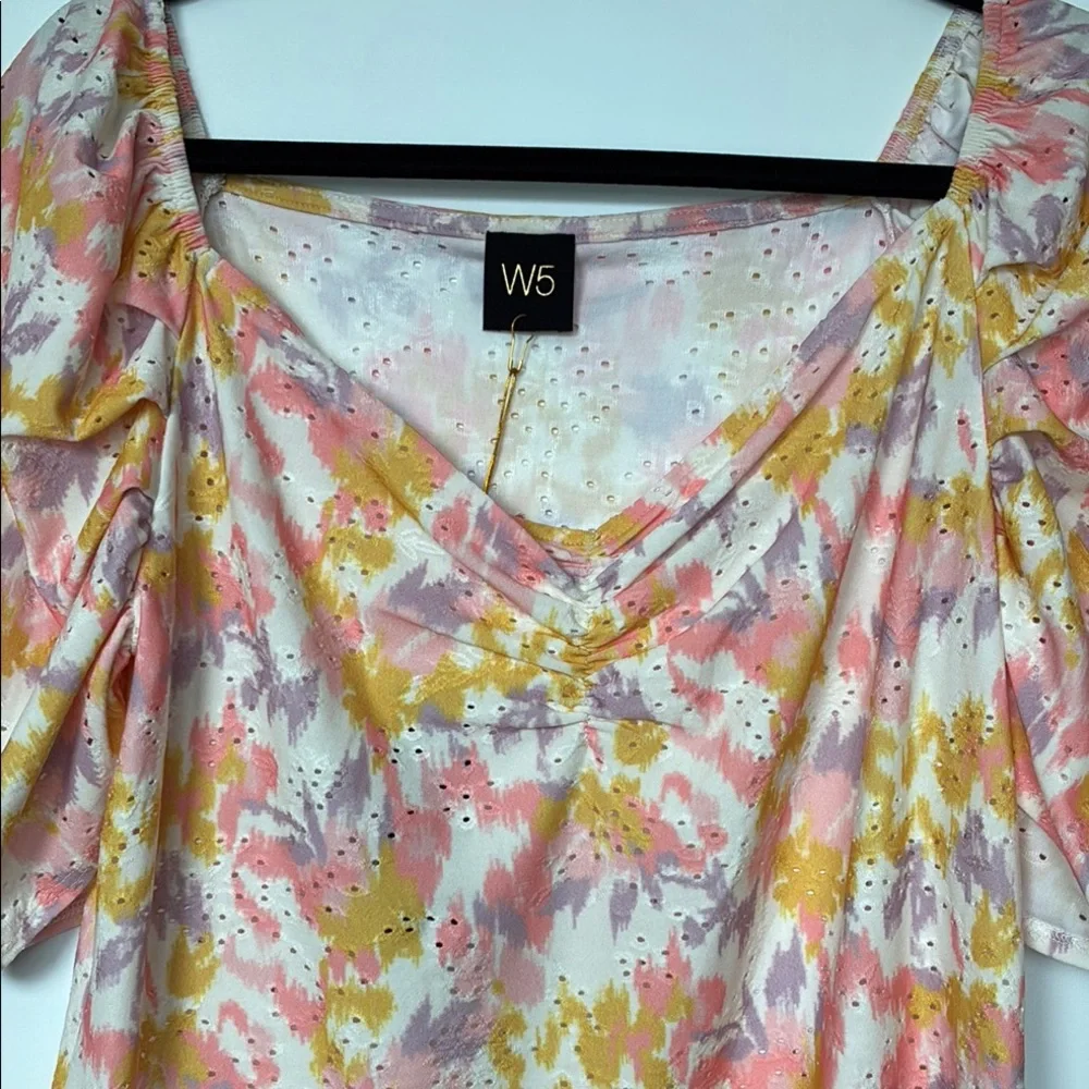 W5 by Anthropologie Women's Pink and Yellow Puff Sleeve Blouse Top